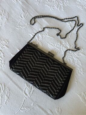 Hillard & Hanson Black Beaded Chevron Evening Clutch with Chain